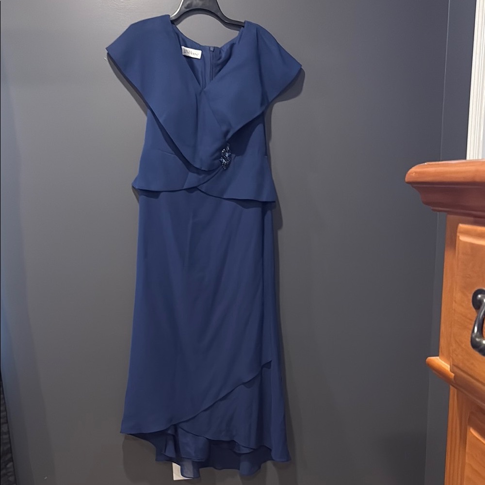 Blue Peplum High Low Dress with Flutter Cap Sleeves